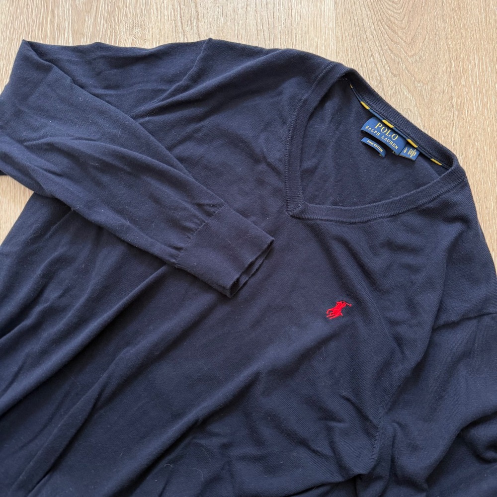 Polo Ralph Lauren Pima Cotton V-Neck Sweater Mens Large Navy Blue Red Pony Logo‎